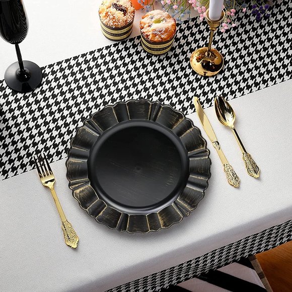 Antique Black Charger Plates with Gold Scalloped Rim, Set of 8 - Picture 1 of 7